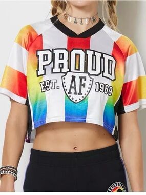 Spencer's Rainbow Striped 'PROUD AF' Cropped Sport Top